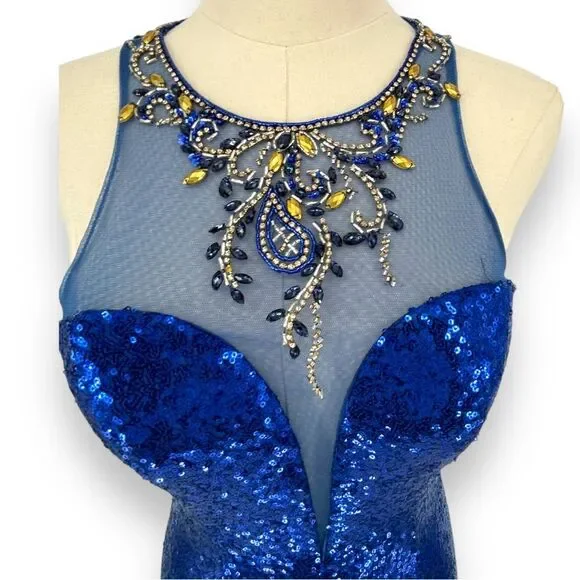 Camille La Vie Royal Blue Sequin Maxi Formal Gown Beaded Nude Illusion 4 Prom - Picture 4 of 5